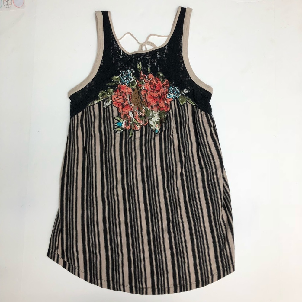 Free People Sheer Lace Floral Stripe Boho Tank Top Womens XS